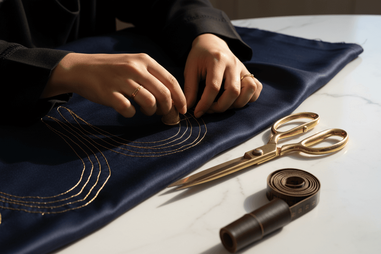 A tailor is stitching mukhawar